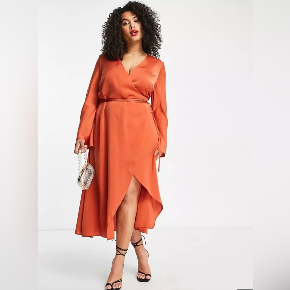 Curve Bias Cut Satin Wrap Dress with Tie Waist in Ginger
